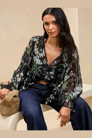 Lipsy London Black long Sleeve Blouse With 3D Floral Ties AU 8