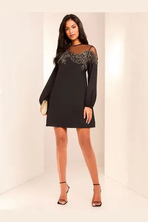 Lipsy London Petite Long Sleeve Hand Embellished Artwork Mini Shift Dress AU 12