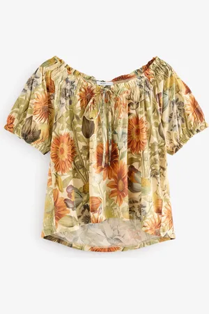 Next Yellow/White Floral Short Sleeve Ruched Neck Jersey 100% Cotton Blouse AU 8 Petite