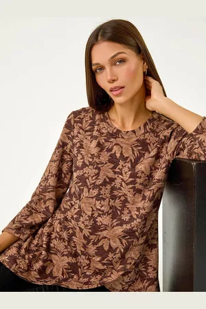 Roman Brown Stretch Floral Print Wrap Tunic AU 20