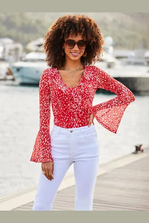 Sosandar Red Spot Print Mesh Ruffle Detail Wrap Blouse AU 20