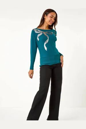 Roman Blue Sequin Bow Slash Neck Blouese AU 14