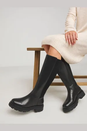 Simply Be Black Wide Fit Back Stretch Panel Chunky Flat Knee High Boots In Wide Fit Standard Calf AU 7 (EU 38)