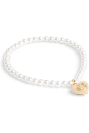 Coach Gold Tone Signature Heart Charm Pearl Bracelet One