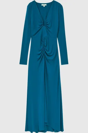 Reiss Plunge Neck Ruche Midi Dress AU 4