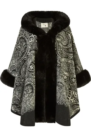 Yumi Black Faux Fur Trim Cape Poncho With Paisley Print S-M