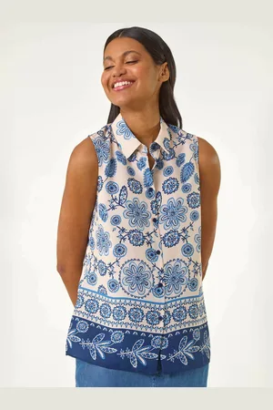Roman Blue Border Print Collared Blouse AU 10