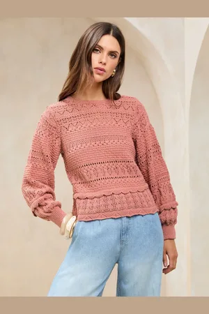 Lipsy London Pink Crochet Summer Stitch Pointelle Knit Long Sleeve Top AU 6