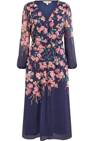 Yumi Button Up Midi Dress With Floral Print Placement And Long Sleeves AU 8