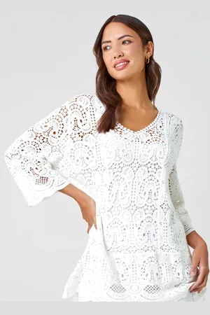 Roman White Crochet V-Neck 3/4 Sleeve 100% Cotton Tunic Top AU 10