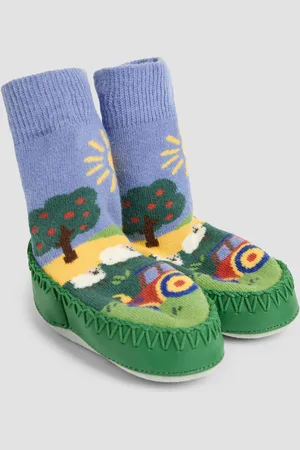 JoJo Maman Bébé Blue Farm Scene Moccasin Slipper Socks 6