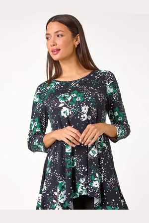 Roman Green Floral Hanky Hem Stretch Tunic Top 12