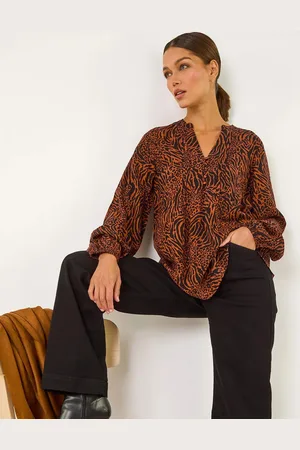 Roman Orange Animal Print Buttoned Pinktuck Top AU 14