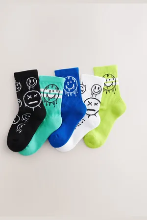 Next Blue/Green Graffiti Smile Cushioned Footbed Cotton Rich Ribbed Tipped Socks 5 Pack 4-6.5