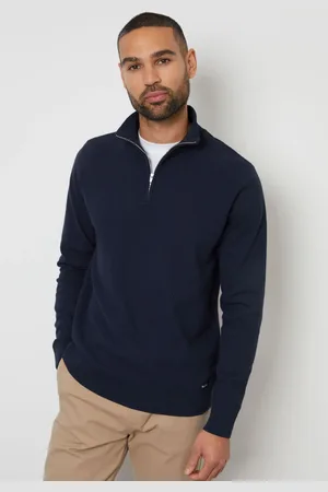 Threadbare Navy Basket Stitch Mock T-Shirt Quarter Zip Jumper M