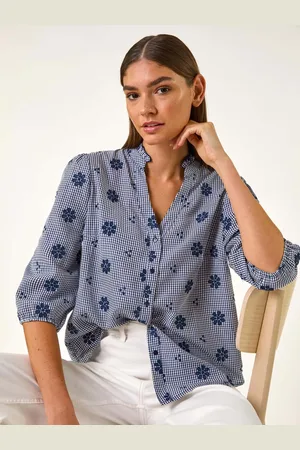 Roman Blue Floral Embroidered V-Neck Blouse AU 14