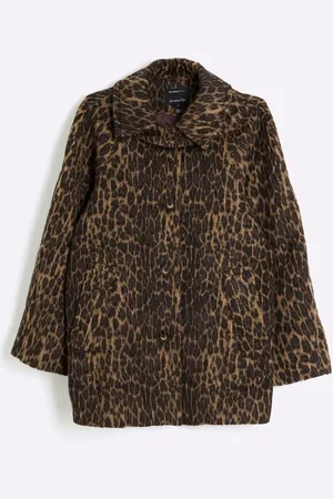 River Island Brown Leopard Print Funnel Neck Coat AU 10