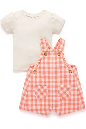 Purebaby Orange Coral Gingham Dungaree Set 9298cm