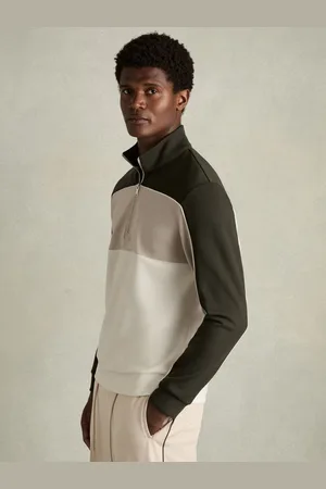 Reiss Forest Green/Off White Katoon Interlock Colour-Block Half-Zip Sweatshirt M