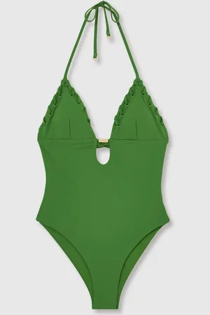 Reiss Green Nicole Whipstitch Halterneck Swimsuit AU 6