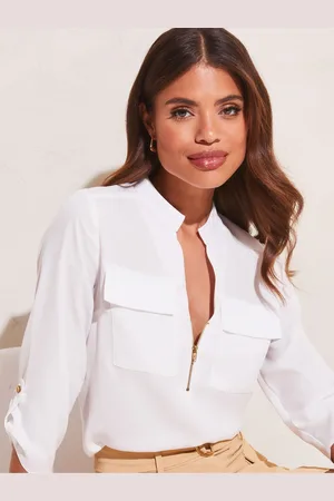 Lipsy London White Zip Front Utility Pocket Blouse AU 8
