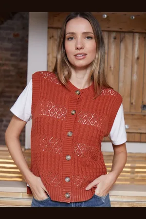 Threadbare Orange Button Up Pointelle Knit Vest AU 14