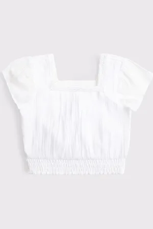 Abercrombie & Fitch White Woven Lace Trim Frill Sleeve Crop Top 15