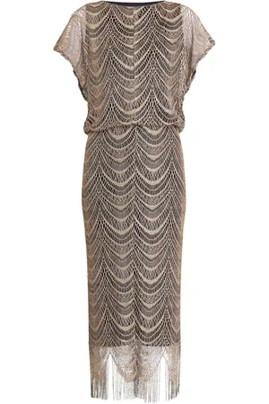 Gina Bacconi Arleen Long Blouson Fringe Hem Dress AU 10