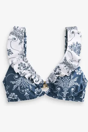 Laura Ashley Navy Josette Frill Plunge Bikini Top AU 14