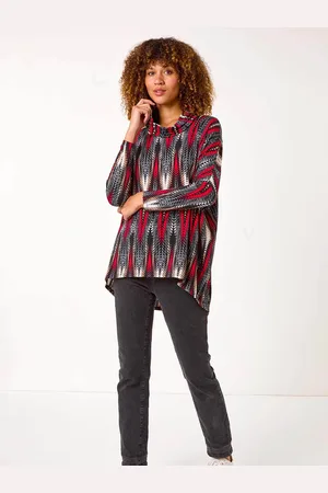 Roman Red Abstract Relaxed Cowl Neck Tunic Top AU 10