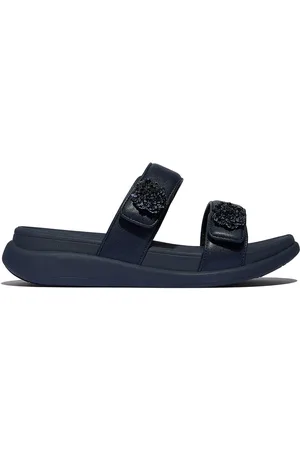 FitFlop Blue F-mode Go Beadie-Button Adj Flatform 2-bar Slides eu37uk4