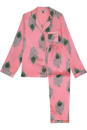 Their Nibs Pink Peacock Feather Satin Long Traditional Pyjamas Set M