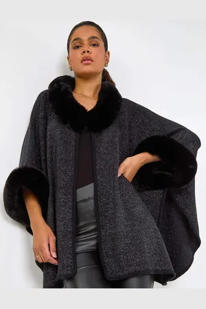 Roman Black Faux Fur Button Up Poncho One