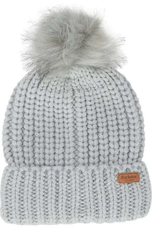 Barbour Grey Saltburn Cable Knit Pom Beanie Logo Hat One
