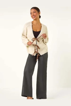 Roman White Leopard Print Tie Front V-Neck Cardigan One