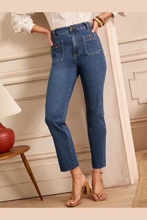 Love & Roses Mid Wash Blue Crop Straight Leg Jeans With Patch Pocket AU 16 R