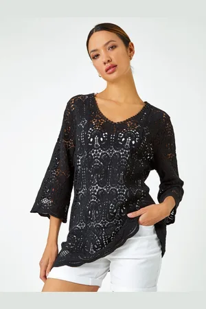 Roman Black Crochet V-Neck 3/4 Sleeve 100% Cotton Tunic Top AU 20