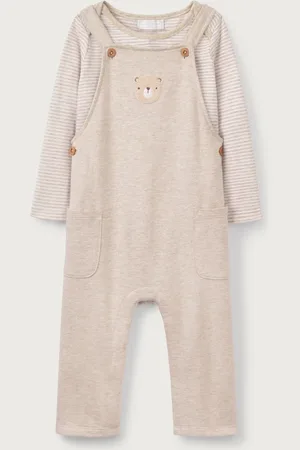 The White Company 100% Cotton Bear Print White Dungaree And Stripe Top Set 12