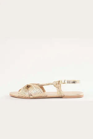 Love & Roses Gold Woven Leather Knot Detail Flat Sandals eu37uk4