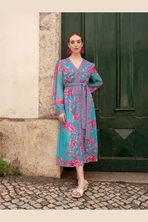 RAISHMA Naomi V-Neck Tie Belt Long Sleeved a Line Floral Print Dress AU 12