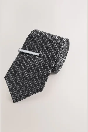 Next Grey Wide Silk Tie With Tie Clip One