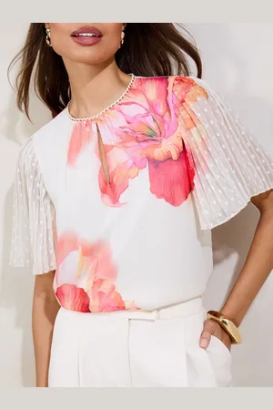 Lipsy London Cream Printed Chiffon Angel Sleeve Blouse AU 18