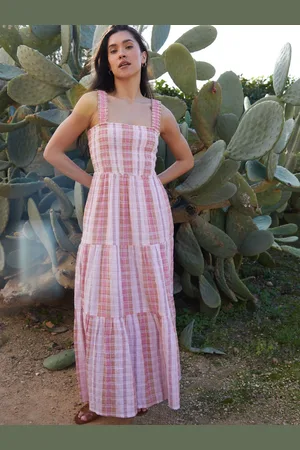 Threadbare 100% Cotton Check Shirred Guaze Tiered Midi Dress AU 12