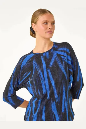 Roman Blue Abstract Print Plisse Stretch Top AU 20