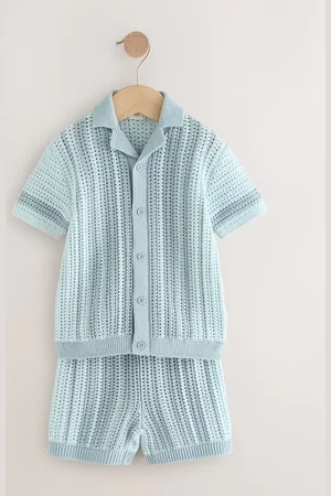 Next Blue Crochet Knitted Short Sleeve Shirt and Shorts Set (3mths-10yrs) 5