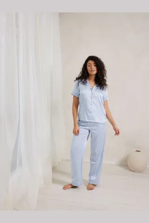 Chelsea Peers Blue Satin Lace Trim Short Sleeve Long Pyjamas Set AU 14