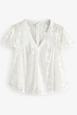 Next White V-Neck Short Sleeve Lace Blouse AU 10