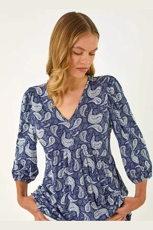 Roman Blue Paisley Print V-Neck Stretch Blouse AU 18