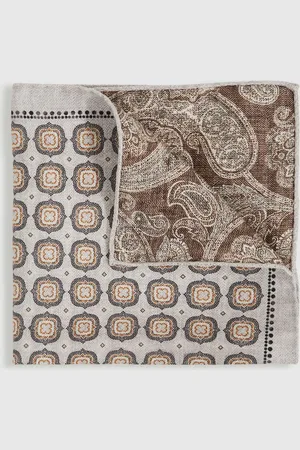 Reiss Grey/Tobacco Brown Volpe Silk Medallion Reversible Pocket Square One