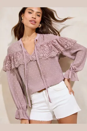 Lipsy London Lilac Lace Detail Tie Neck Long Sleeve Blouse AU 8
